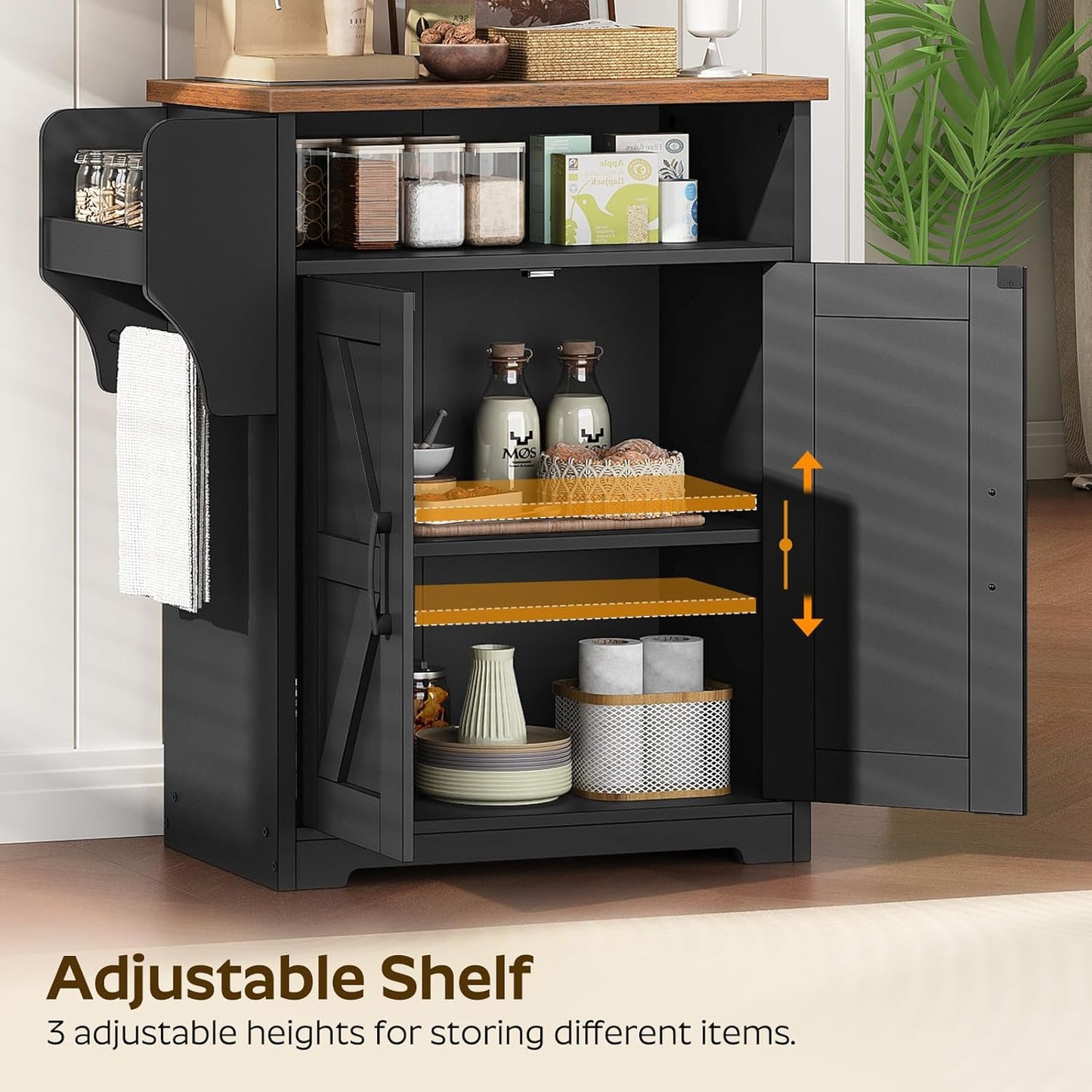 Coffee Bar Cabinet, Kitchen Island with Storage, Farmhouse Sideboard Buffet Cabinet with Dual-Purpose Floating Shelf and Hooks, for Restaurant, Living Room, Rustic Brown KF22BR