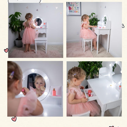 Kids Vanity, Girls Vanity Set with Mirror and Stool and Lights, Pretend Play Kids Vanity Table and Chair Set,Wooden Princess Makeup Desk Dressing Table, White