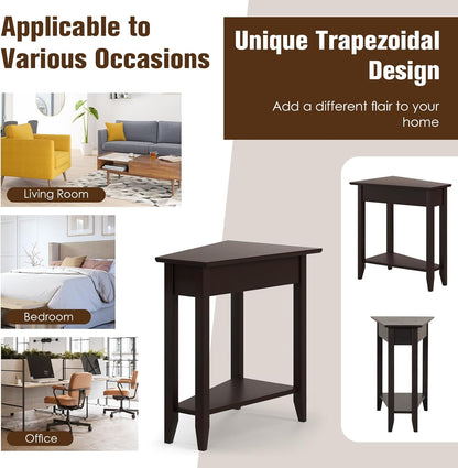 Wedge End Table, Triangle Side Table with Storage Shelf and Solid Wood Legs, Recliner Table, 24.5" Tall Nightstand, Modern Narrow Accent Table for Small Space Living Room, Espresso