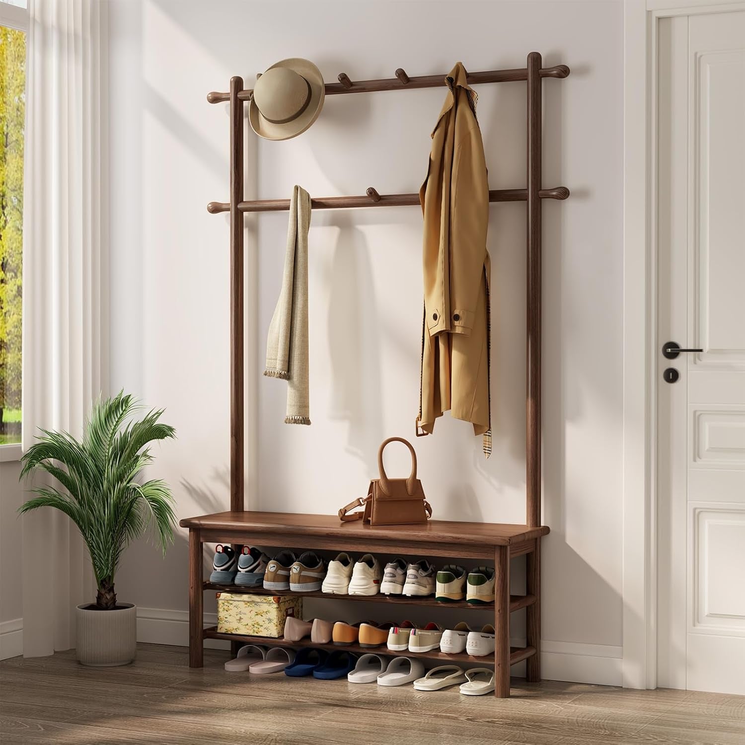 Coat Rack with Shoe Storage, Wooden Hall Tree with Bench, 11 Hooks and 2-Tier Storage Shelves, 3-In-1, Entryway Bench with Coat Rack (39.3"-Walnut)