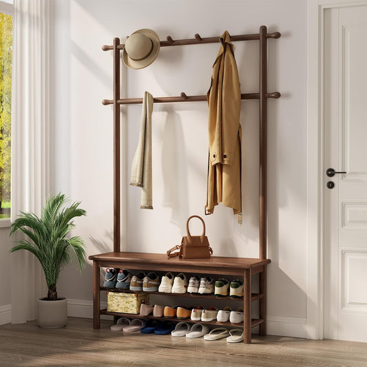 Coat Rack with Shoe Storage, Wooden Hall Tree with Bench, 11 Hooks and 2-Tier Storage Shelves, 3-In-1, Entryway Bench with Coat Rack (39.3"-Walnut)