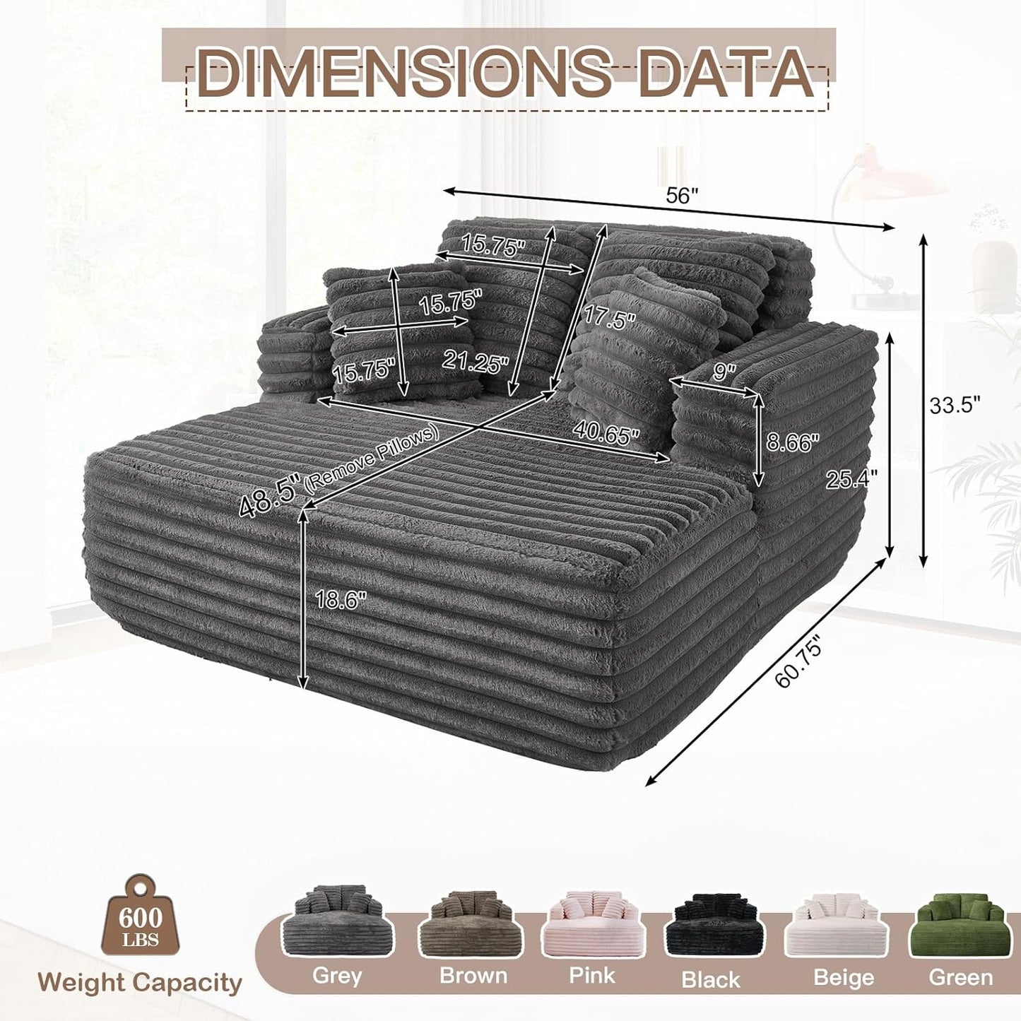 56" Oversized Chaise Lounge Chair Indoor,Plush Faux Fur Sleeper Sofa Couch Bed with Pillows&Wide Armrests,Fluffy Comfy Cloud Couch,Compression Foam Couch for Living Room,Bedroom(Grey)