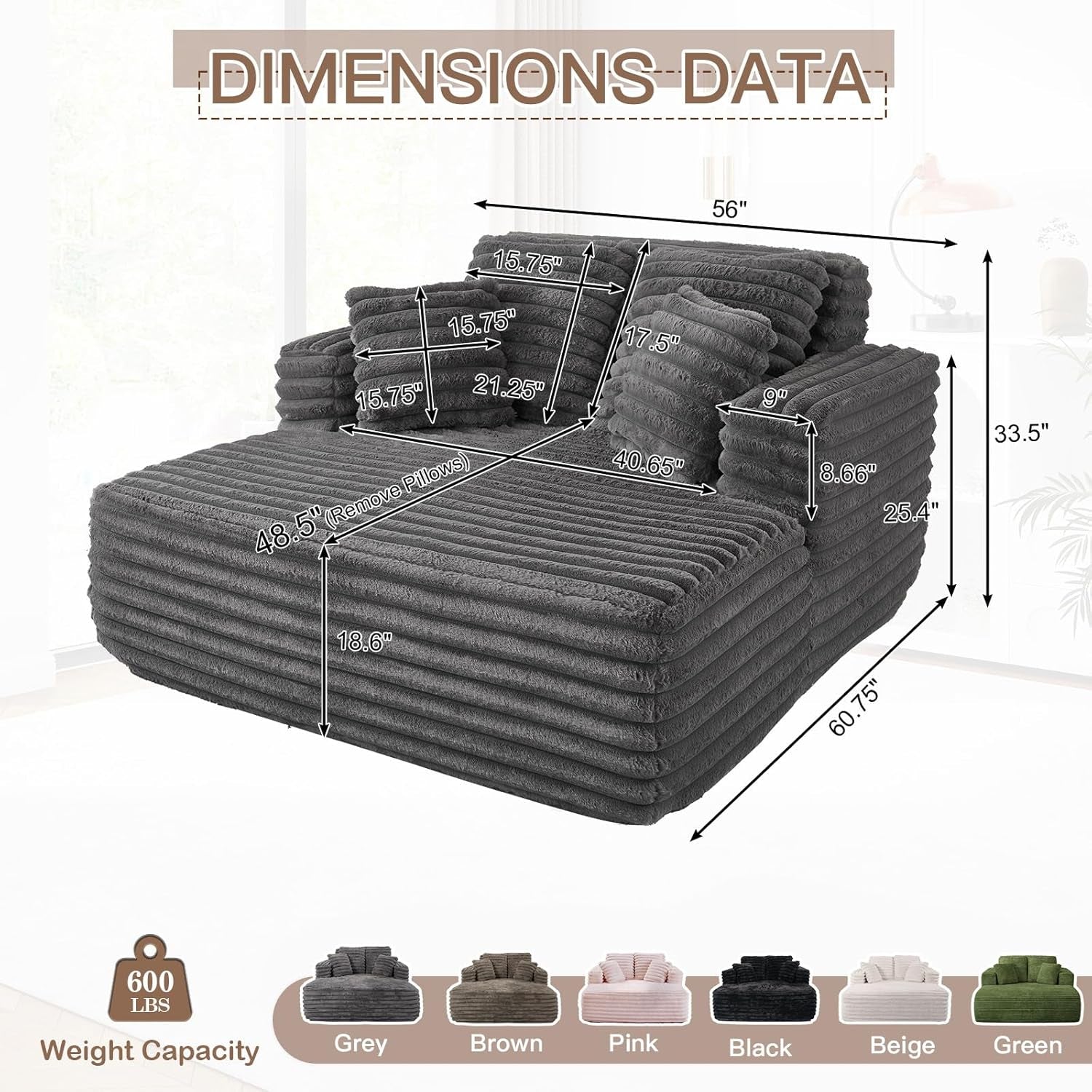 56" Oversized Chaise Lounge Chair Indoor,Plush Faux Fur Sleeper Sofa Couch Bed with Pillows&Wide Armrests,Fluffy Comfy Cloud Couch,Compression Foam Couch for Living Room,Bedroom(Grey)