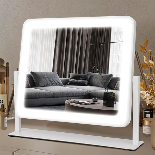 Vanity Mirror with Lights, 14"×12" LED Makeup Mirror, HD Professional Mirror, Smart Touch with 3-Color Lighting, Dimmable, 360° Rotation, Lighted up for Makeup Desk, Bedroom (White)