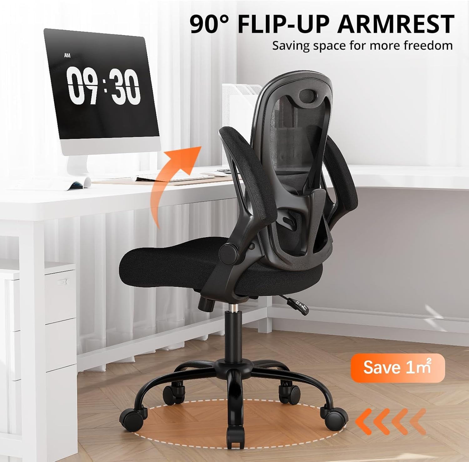Office Chair, Ergonomic Desk Chair Breathable Mesh Chair with Adjustable High Back Lumbar Support Flip-Up Armrests, Long Hours Comfortable Computer Chair for Home Office, Black