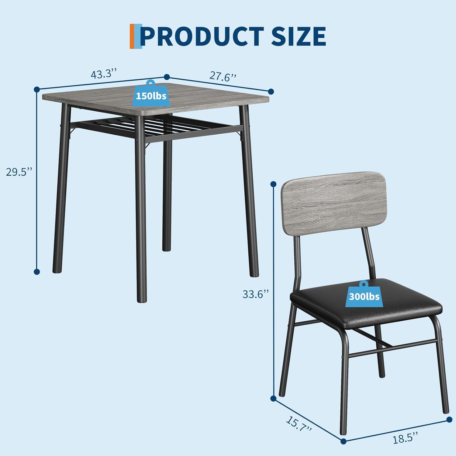 3-Piece Dining Table Set for 2 with Storage Rack, Wood Kitchen Table with Upholstered Chairs Set of 2, Small Square Table Set with Metal Legs Support, for Dining Room, Living Room