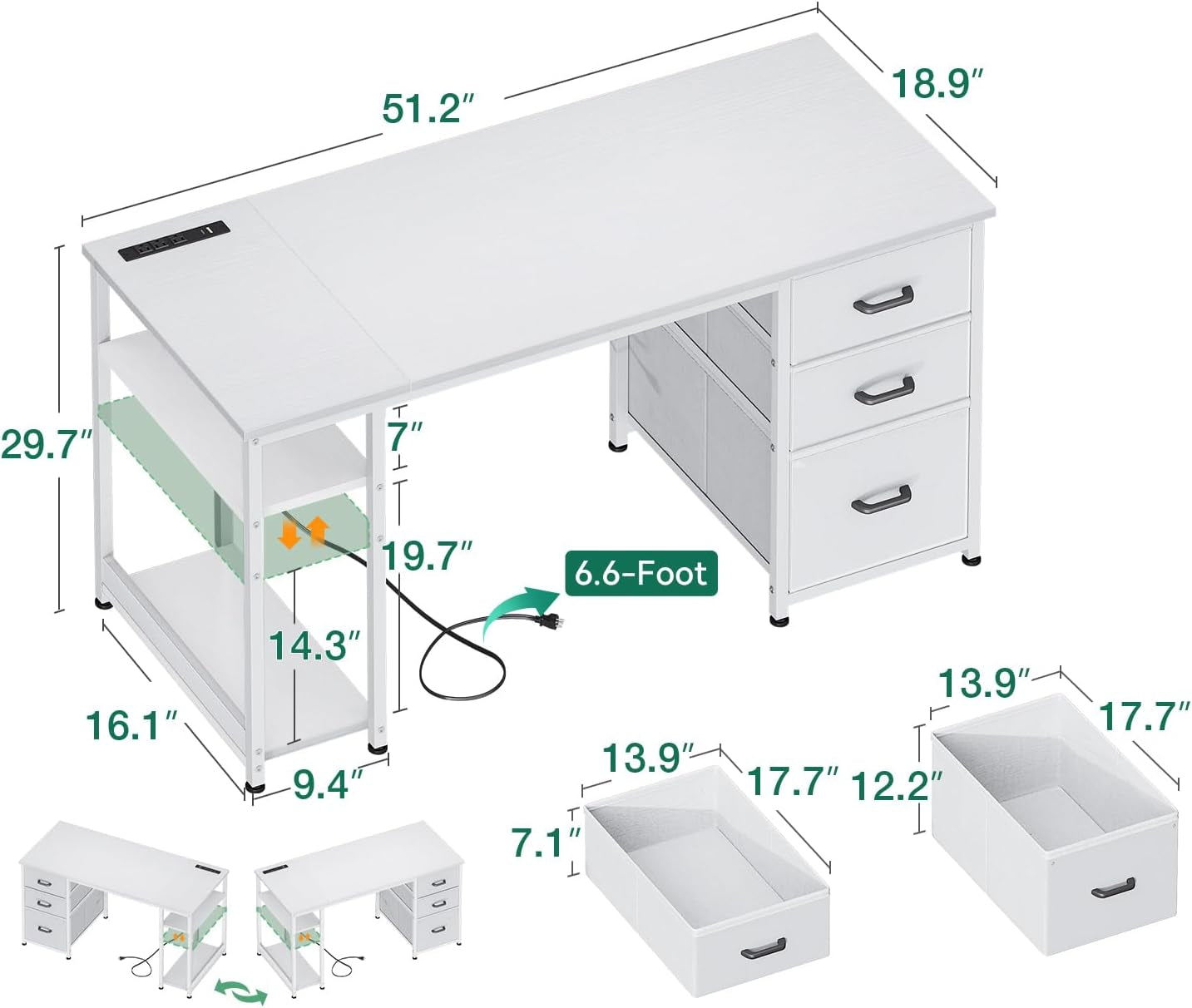 51 Inch Computer Desk with Drawers & USB Power Outlets - Reversible Home Office Desk with Storage Shelves, Work from Home, Modern Work/Writing/Study Table for Bedroom, White
