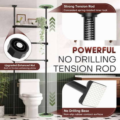 over the Toilet Storage Shelf, 4 Tier Bathroom Organizer Shelves with 64-124Inch(H) 15-27Inch(W) Adjustable No Drilling Tension Mounting, Black Space Saver Bathroom Shelf Rack above Toilet