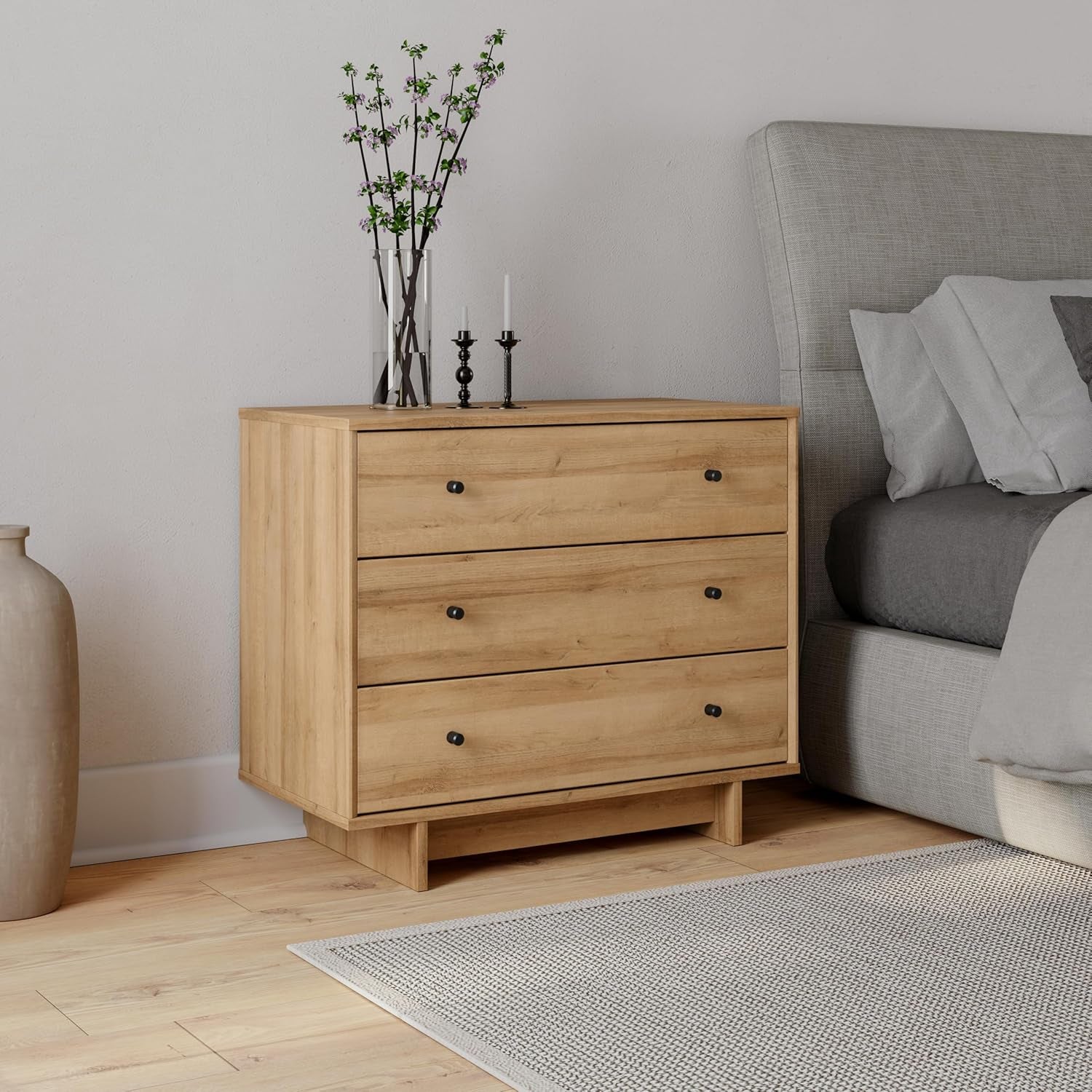 Finnley 3-Drawer Nightstand in Natural Oak, Extra-Wide Bedside Table with Storage, Modern End Table for Home, Bedroom, 16" D X 31" W X 26.75" H