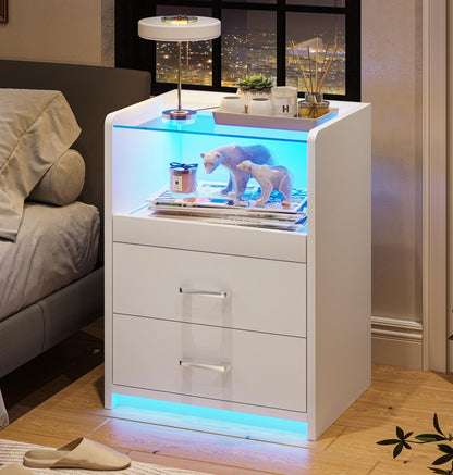 White Nightstand with Charging Station and LED Lights, 2 Drawers LED Night Stand with Tempered Glass Tabletop, Modern End Side Tables with Pull-Out Tray, Open Storage Bedside Tables