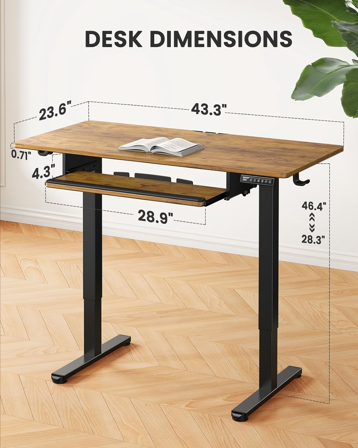Electric Standing Desk with Keyboard Tray, 44X24 Inches Adjustable Height Sit Stand up Desk, Home Office Desk Computer Workstation, Vintage Brown