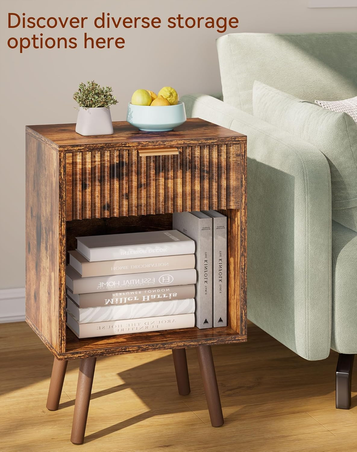 Mid Century Modern Nightstand Set of 2, Side Table with Fluted Drawer, Open Shelf Unit, Golden Handle, Solid Wood Legs, Bedside Table, for Bedroom, Rustic Brown UHST013H-2