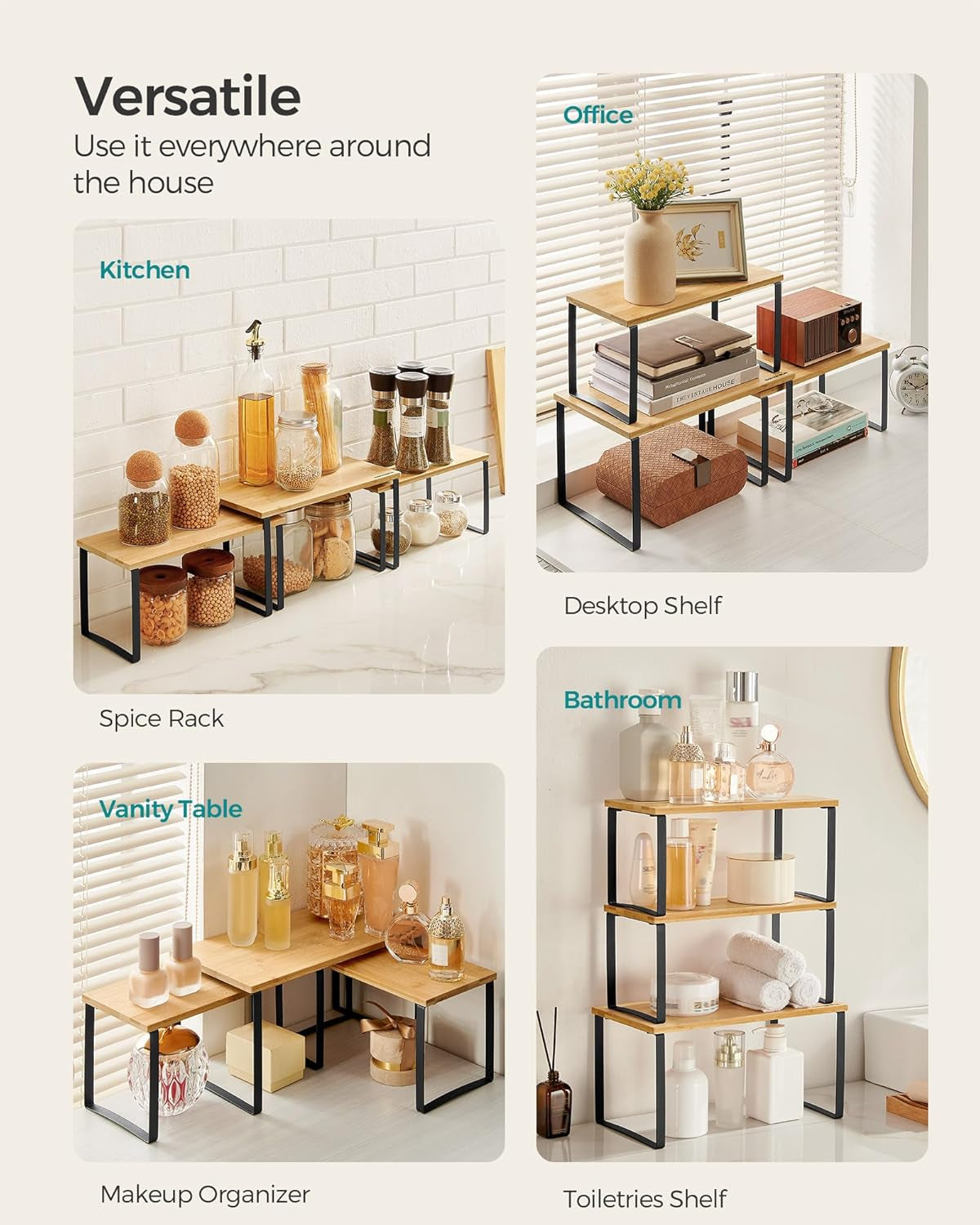 Cabinet Organizer Shelf, Set of 3 Kitchen Counter Shelves, Kitchen Storage, Spice Rack, Stackable, Expandable, Ink Black and Natural Beige UKCS014B01