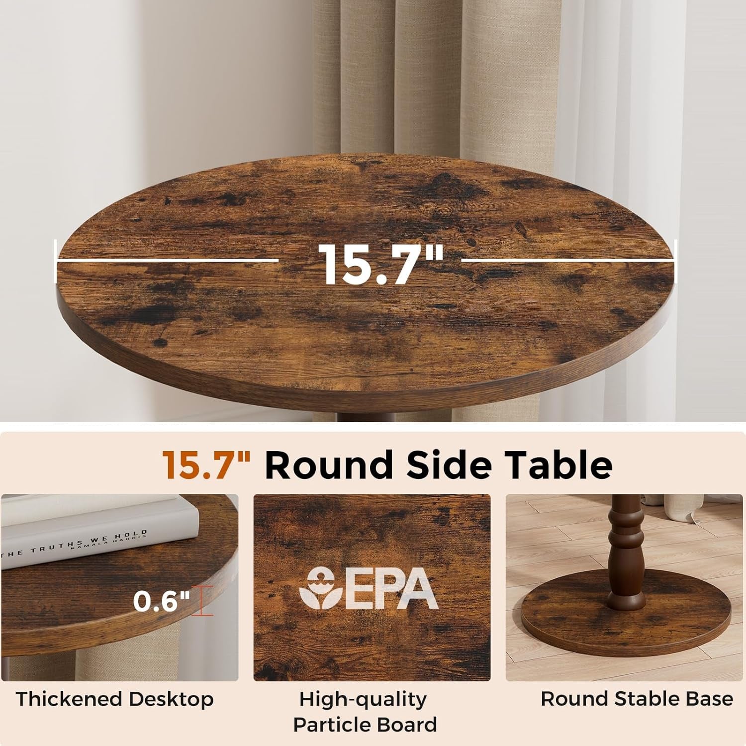 Round Side Table, Solid Wood Pillar, Large 15.7" Top, Small Accent Table for Living Room, Bedroom, Sofa, Entryway & Office, Easy Assembly, Rustic Brown