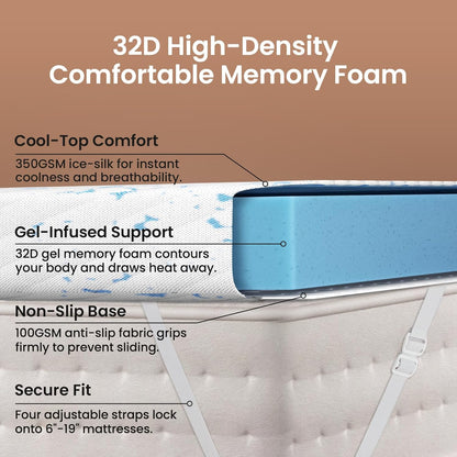 3 Inch Cooling Qeen Size Memory Foam Mattress Topper Pad,Soft Washable Bed Cover with Anti-Slip Base &Zipper,Fits 6"-19" Mattresses with Straps,Extra Comfort for Sleep & Back Pain Relief