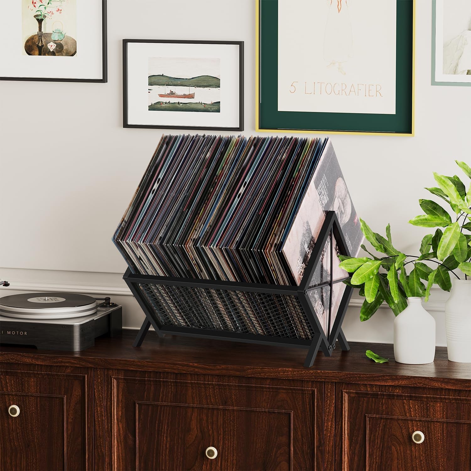 Vinyl Record Storage Holder - 80-100 LP Organizer, Metal Display Rack, Quick Assembly Album Storage for Books