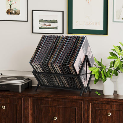 Vinyl Record Storage Holder - 80-100 LP Vinyl Organizer, Metal Record Display Rack, Quick Assembly Album Storage for Books, Black