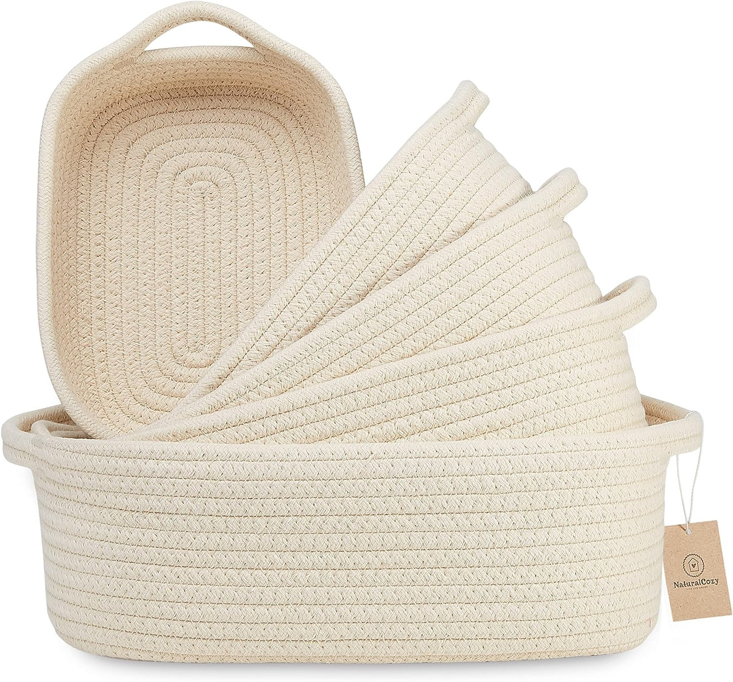 5-Piece Rectangle Storage Basket Set- Natural Cotton Rope Woven Baskets for Organizing! Small Basket for Montessori, Baby Nursery, Dog Toy Baskets, Cat Toy Box, Bathroom Organization Bin