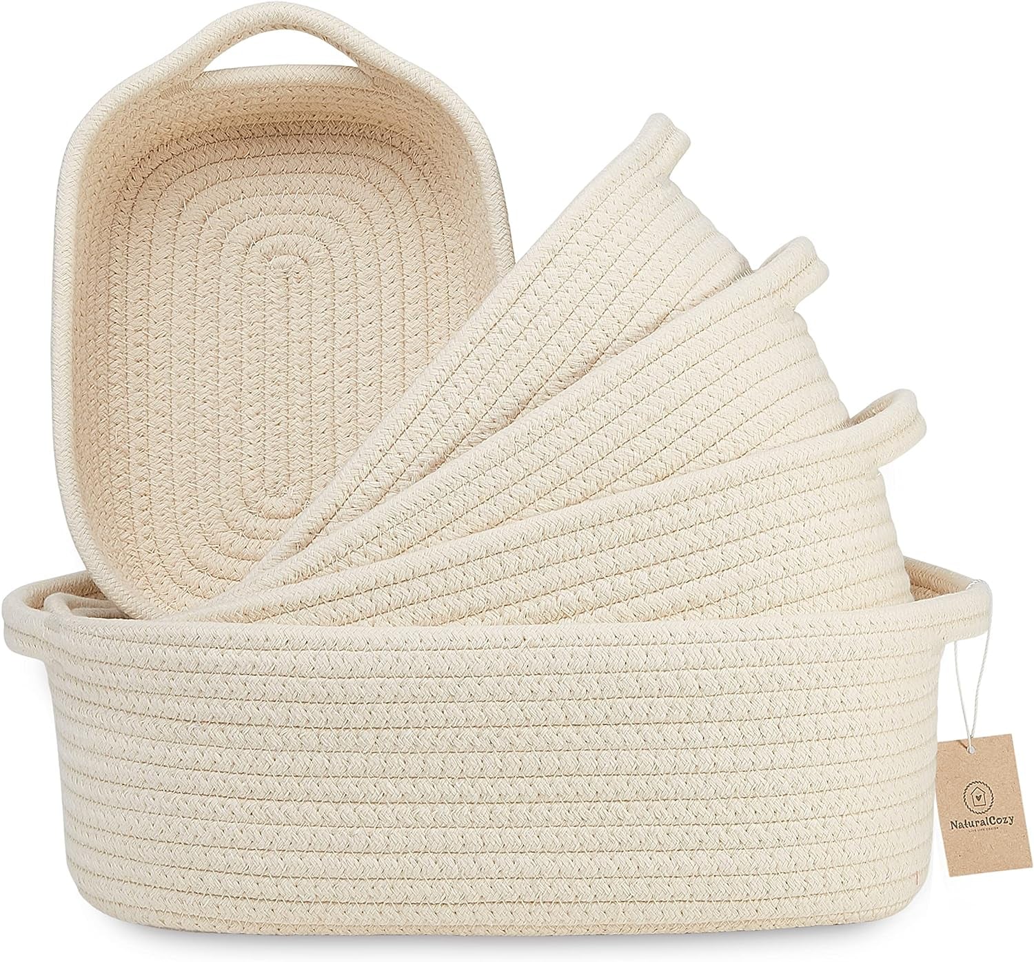 5-Piece Rectangle Storage Basket Set- Natural Cotton Rope Woven Baskets for Organizing! Small Basket for Montessori, Baby Nursery, Dog Toy Baskets, Cat Toy Box, Bathroom Organization Bin