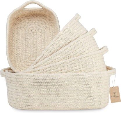 5-Piece Rectangle Storage Basket Set- Natural Cotton Rope Woven Baskets for Organizing! Small Basket for Montessori, Baby Nursery, Dog Toy Baskets, Cat Toy Box, Bathroom Organization Bin