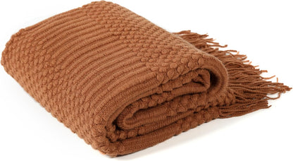 Knitted Throw Blanket for Couch and Bed, Soft & Cozy Knit Blanket with Tassel, Burnt Orange Lightweight Decorative Blankets & Throws, Farmhouse Warm Woven Blanket for All Seasons,50" W X 60" L