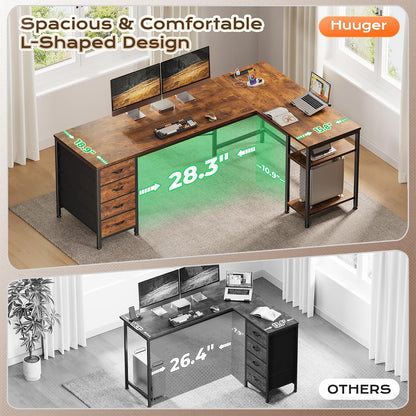 55 Inch L Shaped Desk with Fabric Drawers, Reversible Computer Gaming Desk with Power Outlets and USB-C Port, Adjustable Side Storage Shelves, for Work Study Corner Home Office, Rustic Brown