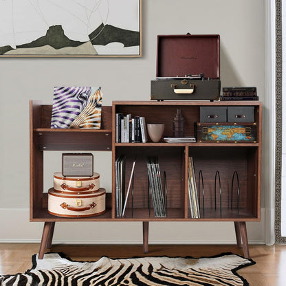 Record Player Stand, Mid-Century Modern Vinyl Record Storage Cabinet Table with Wood Legs, Turntable Stand Record Holder Holds up to 300 Albums for Living Room, Bedroom