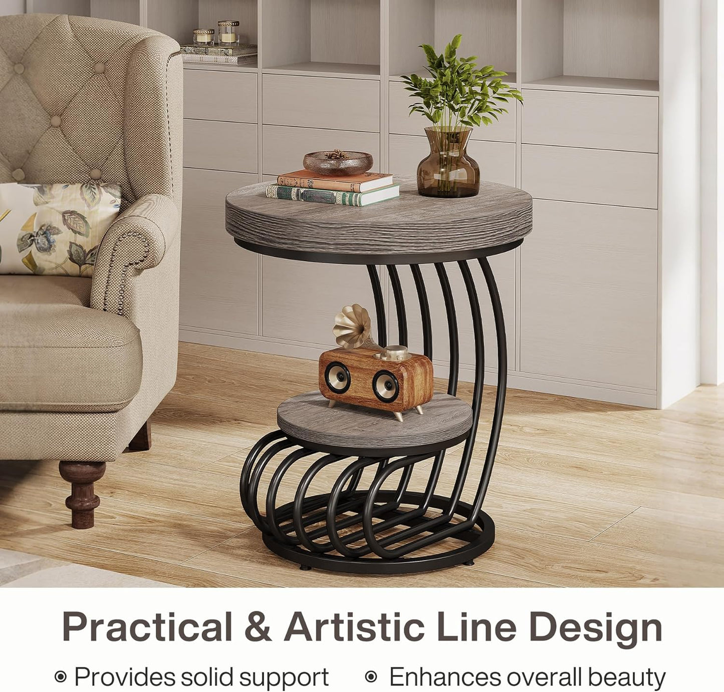 round End Table, 2-Tier Farmhose Wood Side Table with Shelf Storage, Small Sofa Side Bedside Nightstand, Arc-Shaped Frame Accent Furniture for Living Room, Grey