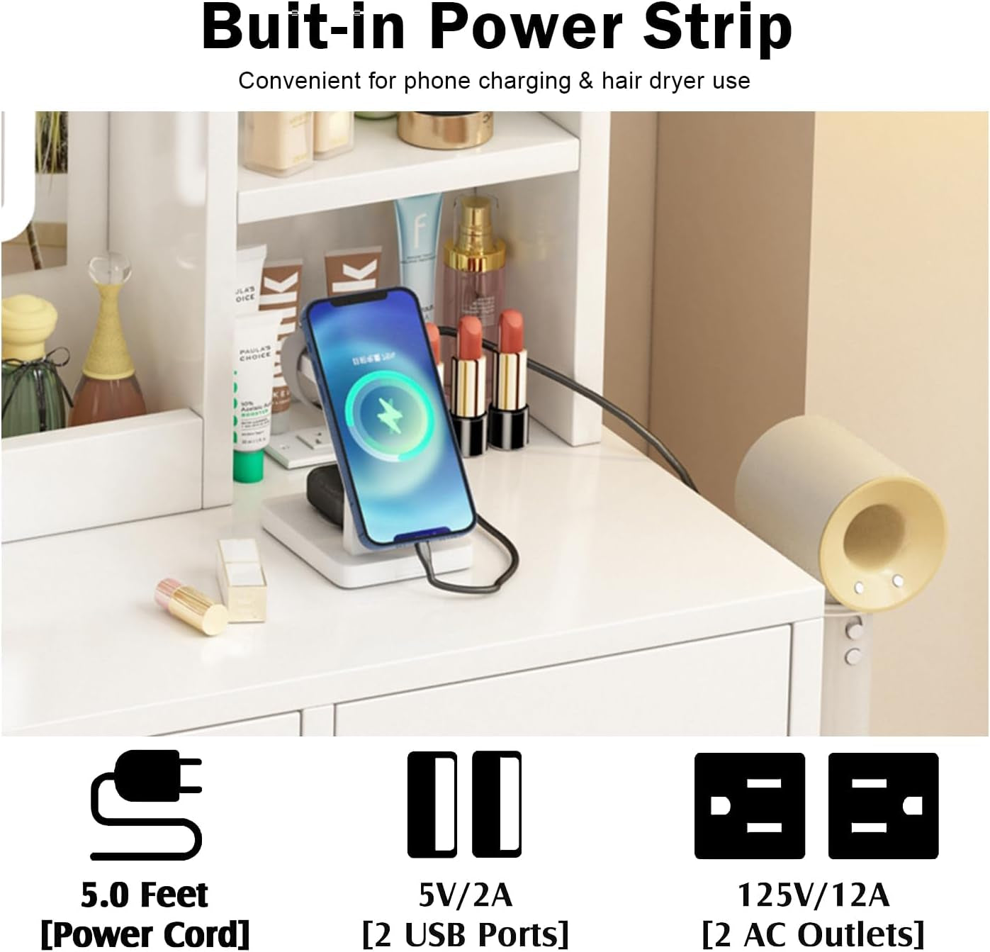 Vanity Desk with Mirror and Lights, 4 Drawers & Benches Vanity Desk Set, 3 Color Lighting Modes Adjustable Brightness Vanity for Bedroom Makeup Table
