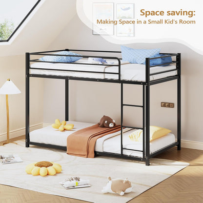 Bunk Bed Twin over Twin, Metal Twin Size Bed Frame with Safety Guardraild for Boys Girls, Junior, Low Profile Space Saving Design, Mattress Not Included (Silver)