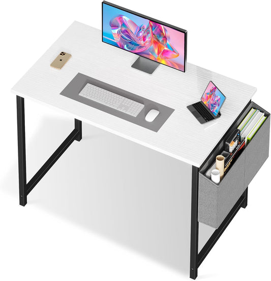40 Inch Computer Desk Home Office Desks for Bedroom Writing Gaming Work Study Table with Storage Bag for Small Spaces, Modern Workstation in Bright White