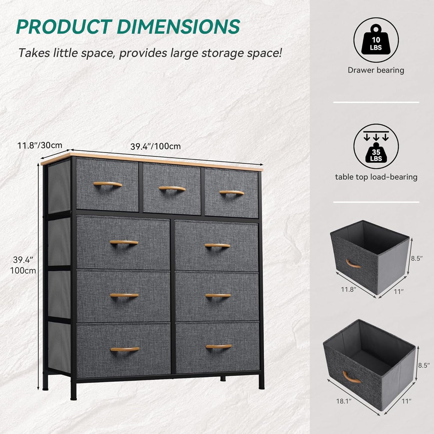 Dresser for Bedroom with 9 Drawers, Fabric Storage Dresser, Closet & Chest of Drawers for Living Room, Closets - Sturdy Steel Frame, Wooden Top & Easy Pull Fabric Bins(Dark Grey)