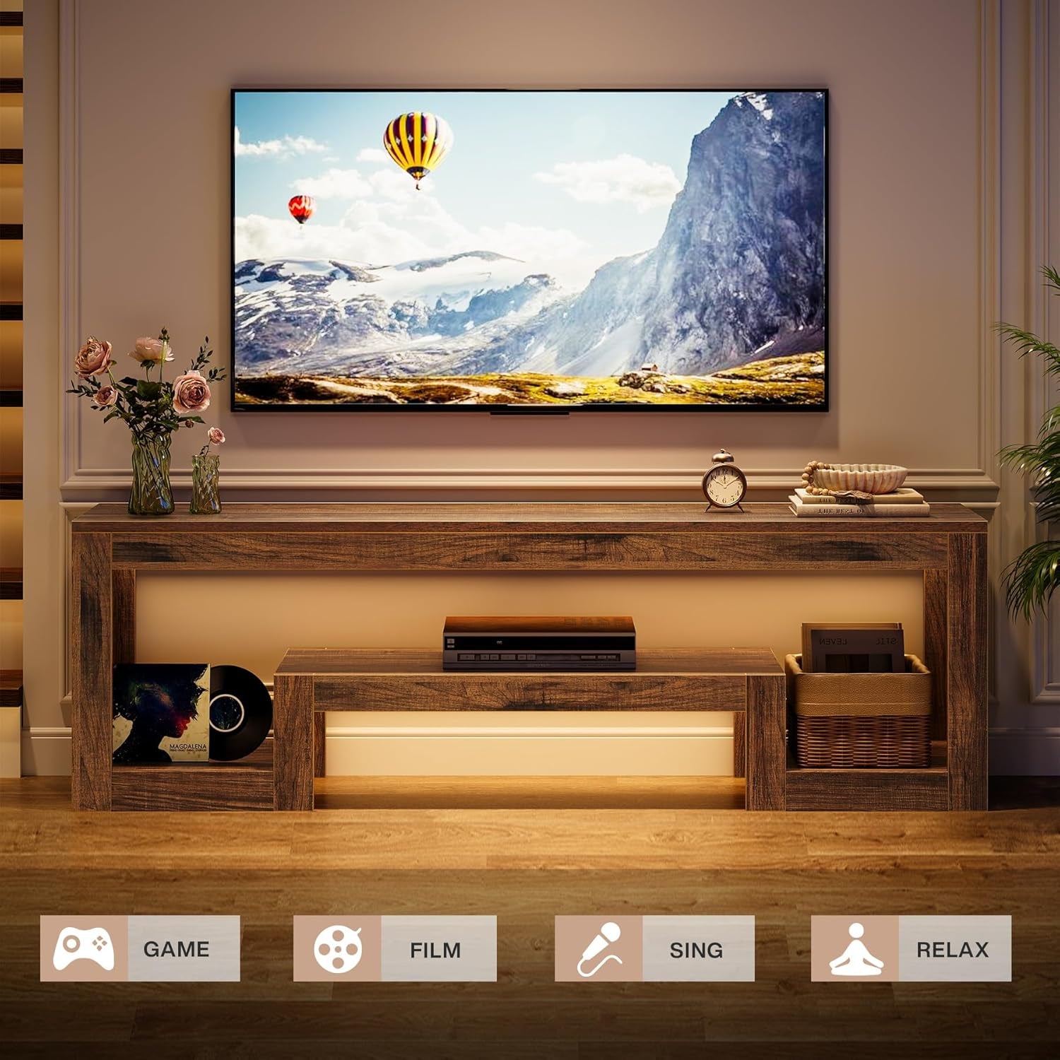 63-Inch TV Stand for 55/60/65/75-Inch Tvs, Farmhouse Entertainment Center with Open Storage Shelves, Rustic Brown Television Console for Living Room, Bedroom