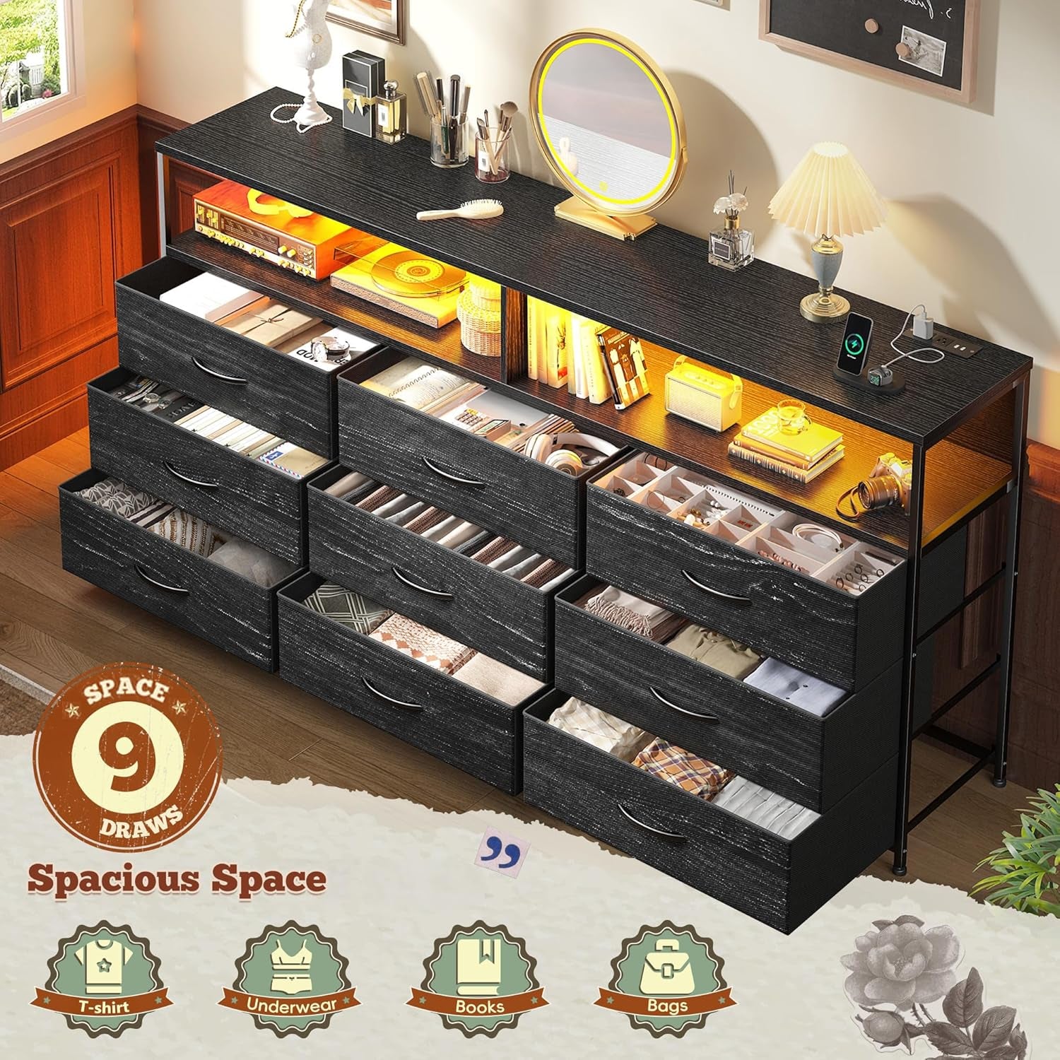 55" W Dresser for Bedroom with 9 Drawers, LED TV Stand with Power Outlets for 45, 55, 65 Inch TV, Sturdy Long Chest of Drawers with Extra 2 Wooden Shelves, Grain Black