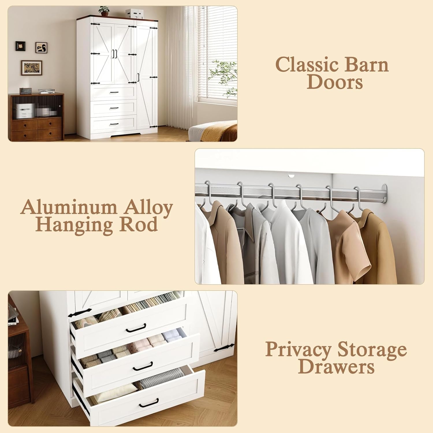 3 Door Armoire Wardrobe Closet Cabinet with 3 Drawers and Drawers, Farmhouse Bedroom Armoire with Hanging Rod and Adjustable Shelves, Large Capacity Storage Wardrobe Armoire for Bedroom, White