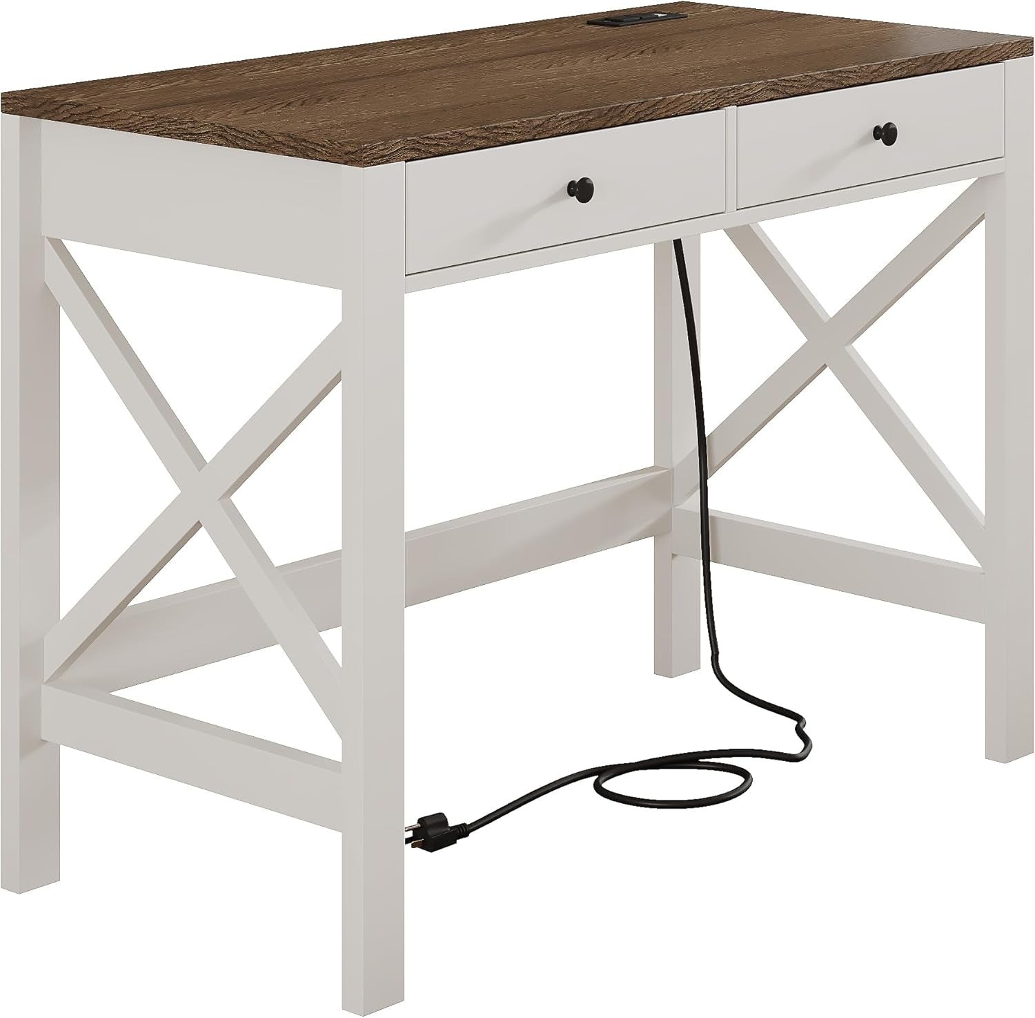 Farmhouse Desk with USB Charging Ports and Power Outlets, 39" Computer Desk with Drawers, Small Study Writing Table with Stable X Frame for Home Office