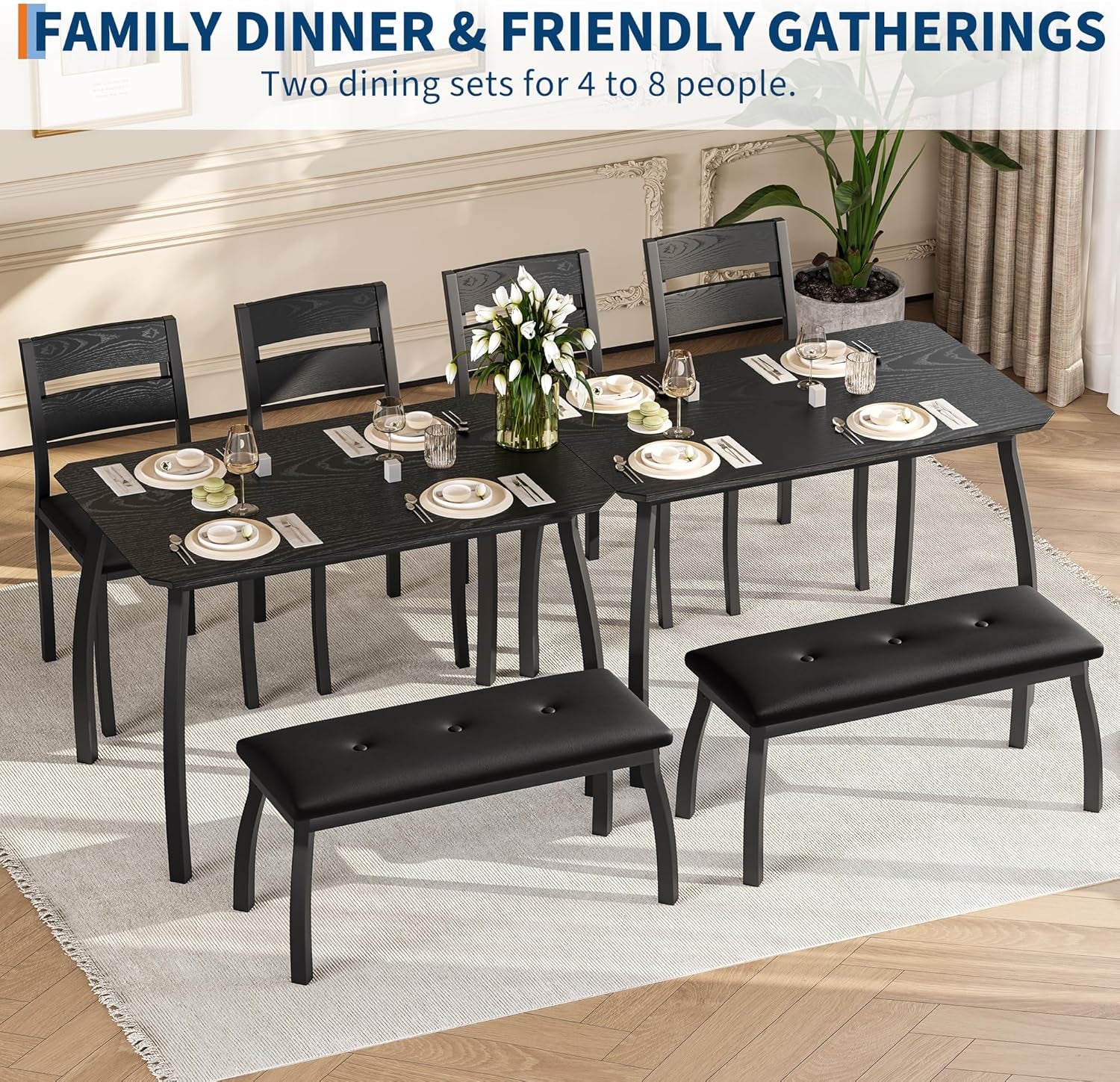 43'' Dining Table Set for 4, Wooden Kitchen Table with Upholstered Bench & 2 Cushion Chairs, Industrial Dinette Set for Studio, Kitchen, Dining Room, Apartment, Black