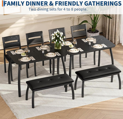 43'' Dining Table Set for 4, Wooden Kitchen Table with Upholstered Bench & 2 Cushion Chairs, Industrial Dinette Set for Studio, Kitchen, Dining Room, Apartment, Black