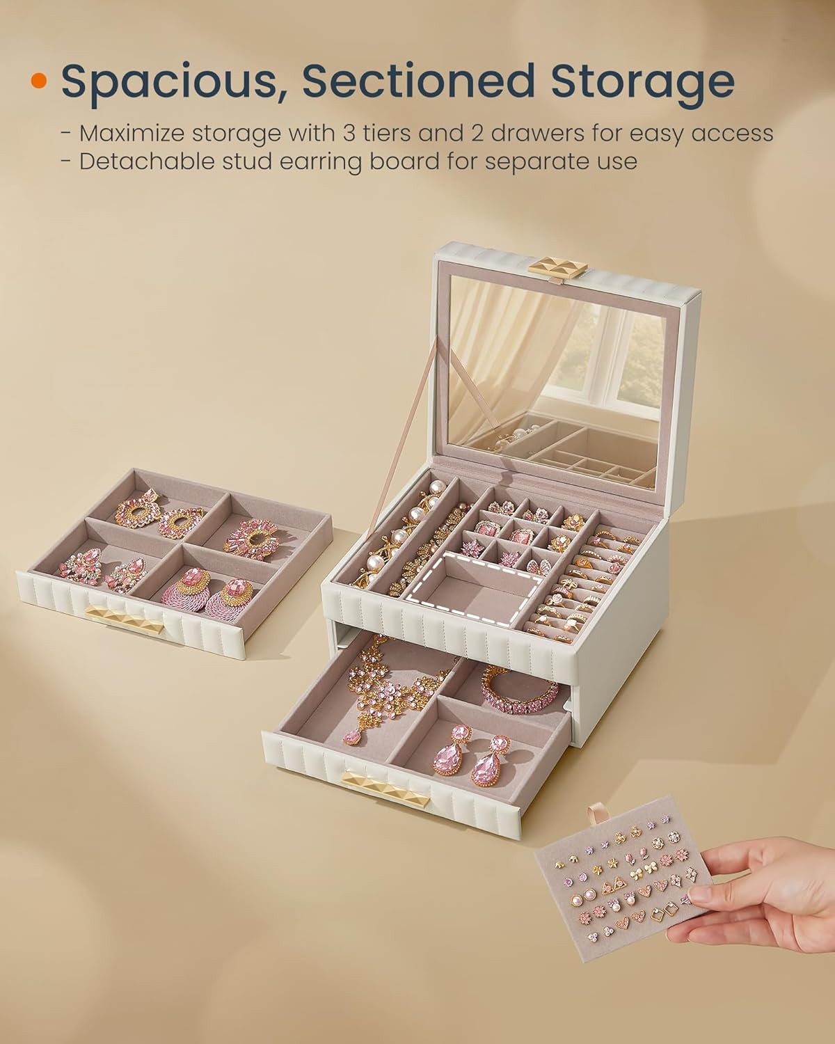 HOME 3-Tier Jewelry Box with Mirror, Jewelry Organizer with 2 Drawers, PU Surface with Stitching, Floating Effect, 8.5 X 9.4 X 6.2 Inches, Cloud White, ANAH Collection UJBC183W01