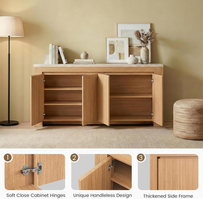 Buffet Cabinet with Storage, 63" Sideboard Buffet Accent Cabinet with Faux Marble Top & 4 Doors, Modern Buffet Table Credenza Cabinets for Living Room, Dining Room, Kitchen（Natural Oak）