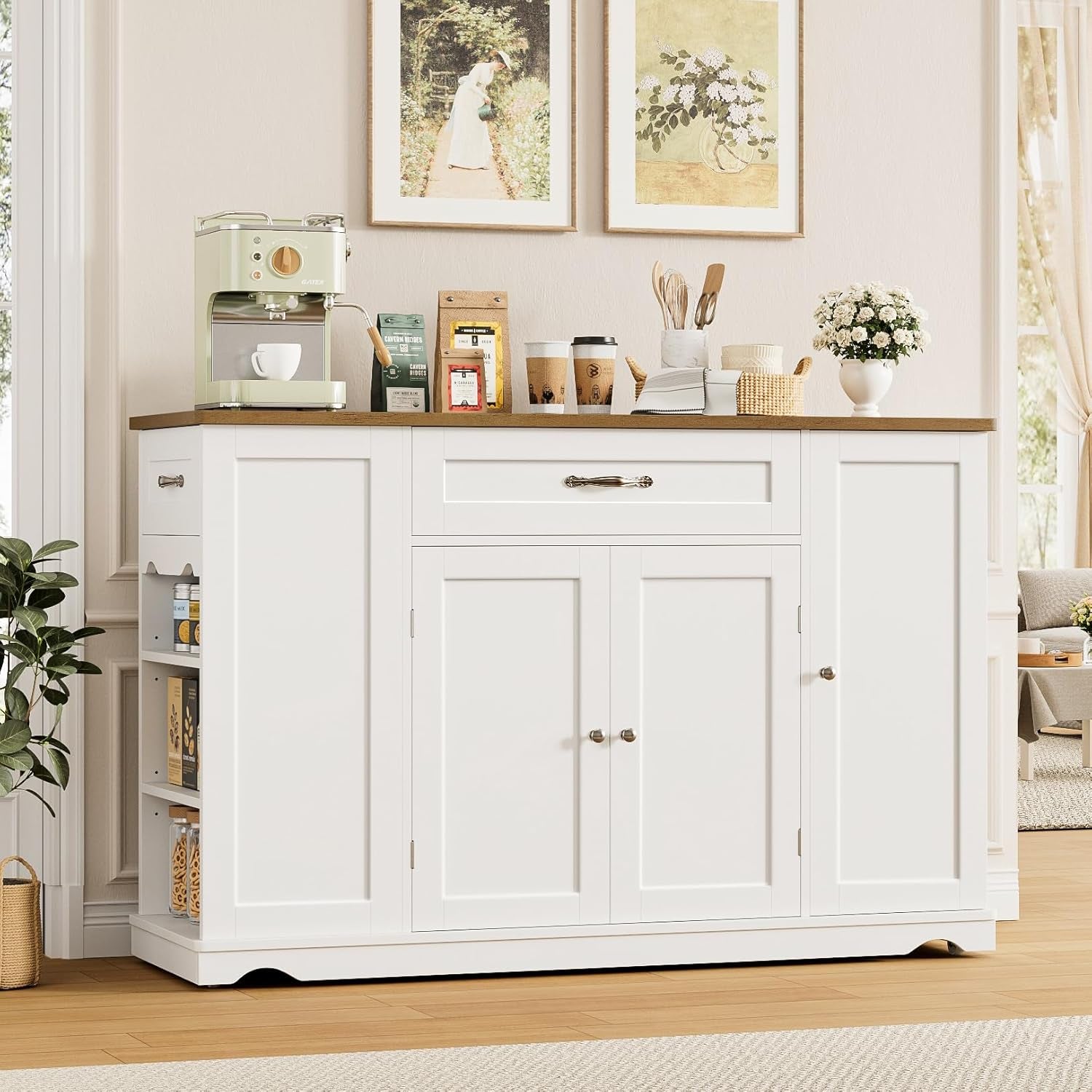 Kitchen Island Cart with Storage, 47'' Kitchen Storage Island on Wheels with 2 Drawers, Rolling Island Table with Adjustable Shelves, Mobile Buffet Sideboard Cabinet for Dining Room, White