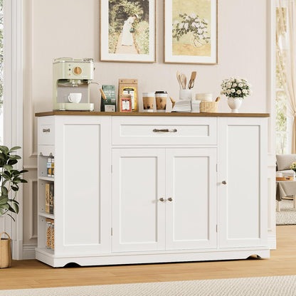 Kitchen Island Cart with Storage, 47'' Kitchen Storage Island on Wheels with 2 Drawers, Rolling Island Table with Adjustable Shelves, Mobile Buffet Sideboard Cabinet for Dining Room, White