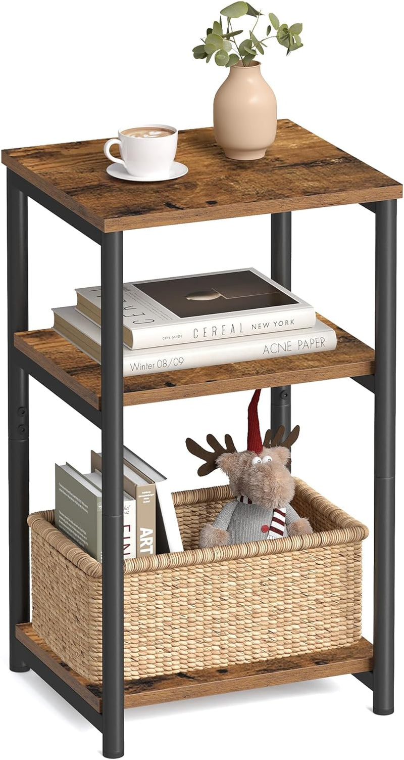 Side Table, Small End Table, Tall Nightstand for Living Room, Bedroom, Office, Bathroom, Rustic Brown and Classic Black ULET273B01