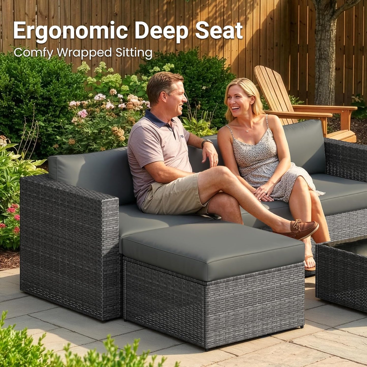 5-Pieces Outdoor Patio Furniture Set, All Weather Wicker Rattan Sectional Sofa, Patio Conversation Set with Cushions & Glass Coffee Table for Backyard Porch Garden Balcony, Grey