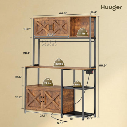 Large Bakers Rack with Power Outlet, Kitchen Microwave Stand with Cabinets, Coffee Bar Table Station with Storage, 6 S-Shaped Hooks, Mesh Shelves, 45 Inch Wooden Top, Rustic Brown