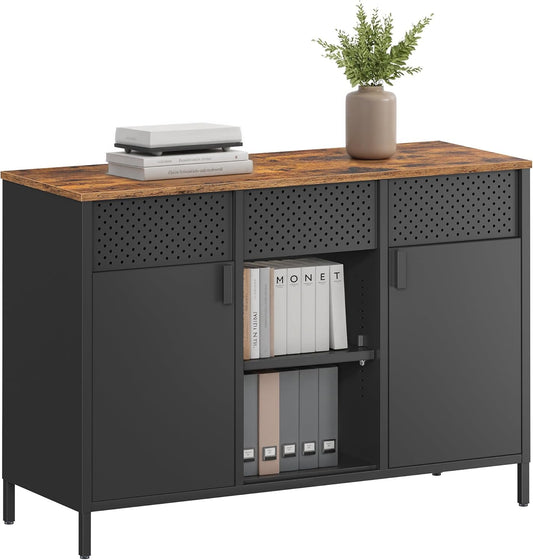 Storage Cabinet, Metal Cabinet, Sideboard with 2 Doors, 15.7 X 43.3 X 29.9 Inches, Magnetic Closure, Adjustable Shelves, Steel Frame, Rustic Brown and Matte Black ULSC204B01