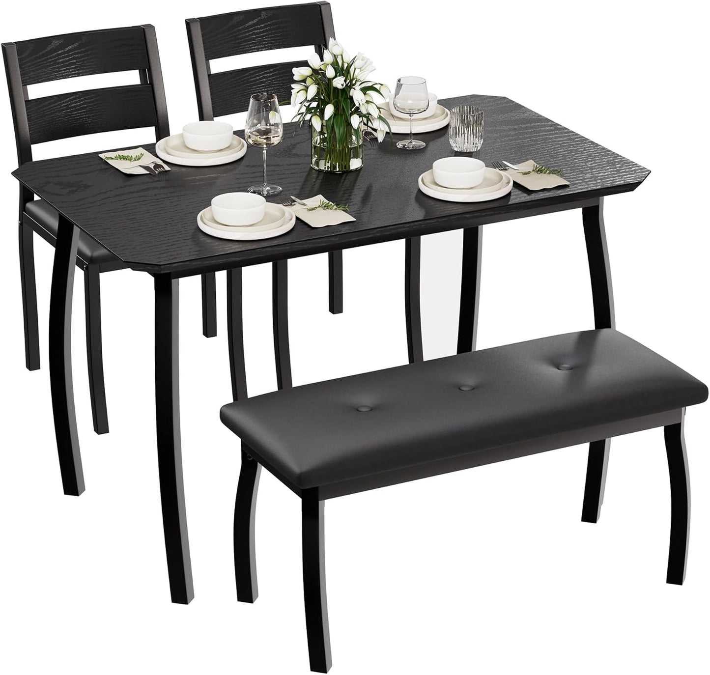 43'' Dining Table Set for 4, Wooden Kitchen Table with Upholstered Bench & 2 Cushion Chairs, Industrial Dinette Set for Studio, Kitchen, Dining Room, Apartment, Black