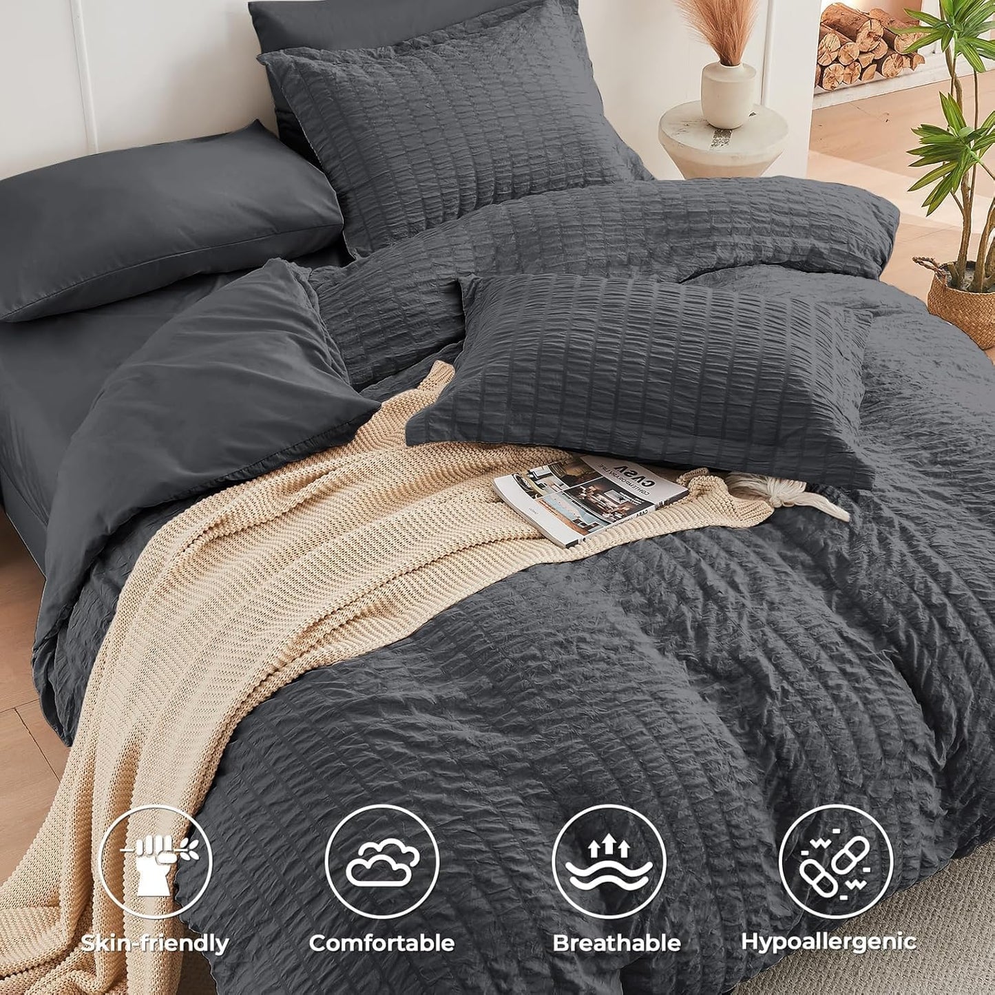 7 Piece King Size Comforter Set Seersucker, All Season Luxury Bed in a Bag for Bedroom, Bedding Set with Comforters, Sheets, Pillowcases & Shams, Dark Grey