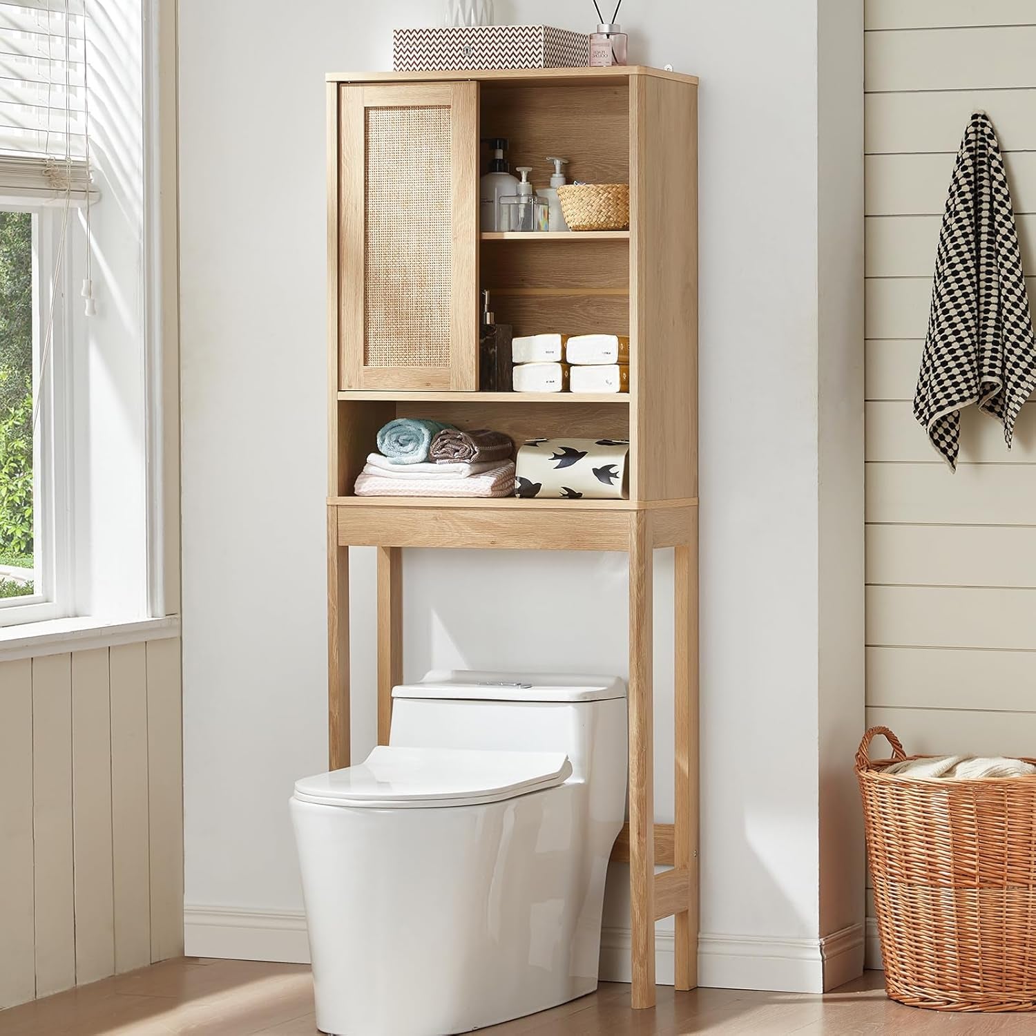 over the Toilet Storage Cabinet with Rattan Sliding Door, 68" Tall Wood above Toilet Bathroom Organizer W/Adjustable Shelf & Curved Profile, Space Saver Freestanding Washer Shelf, Natural