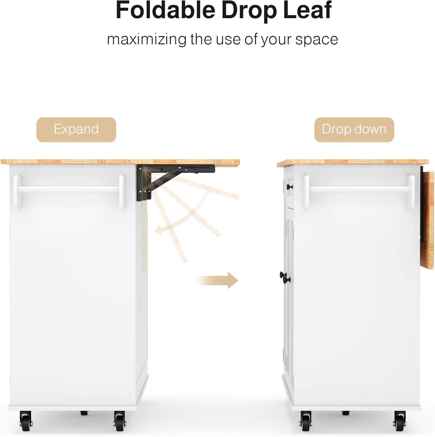 Kitchen Island with Storage, Island Table for Kitchen with Drop Leaf, 5 Wheels, Interal Storage Rack, a Drawer, Spicy Rack and Towel Bar, Sufficient Countertop Space and Storage, White